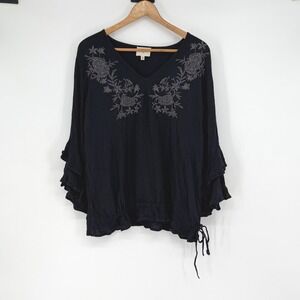 Haute Hippie Tribe Black Embroidered V Neck Ruffle Sleeve Tie Waist Top XL‎